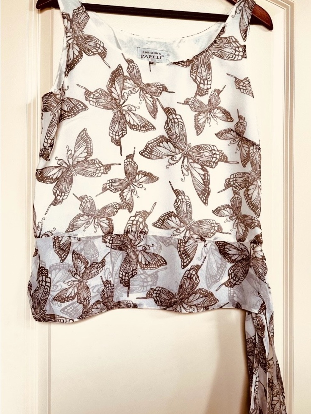 Adrianna Papell Silk Off White Butterfly-Print Blouse Sz 12,Luxury Fairy Party